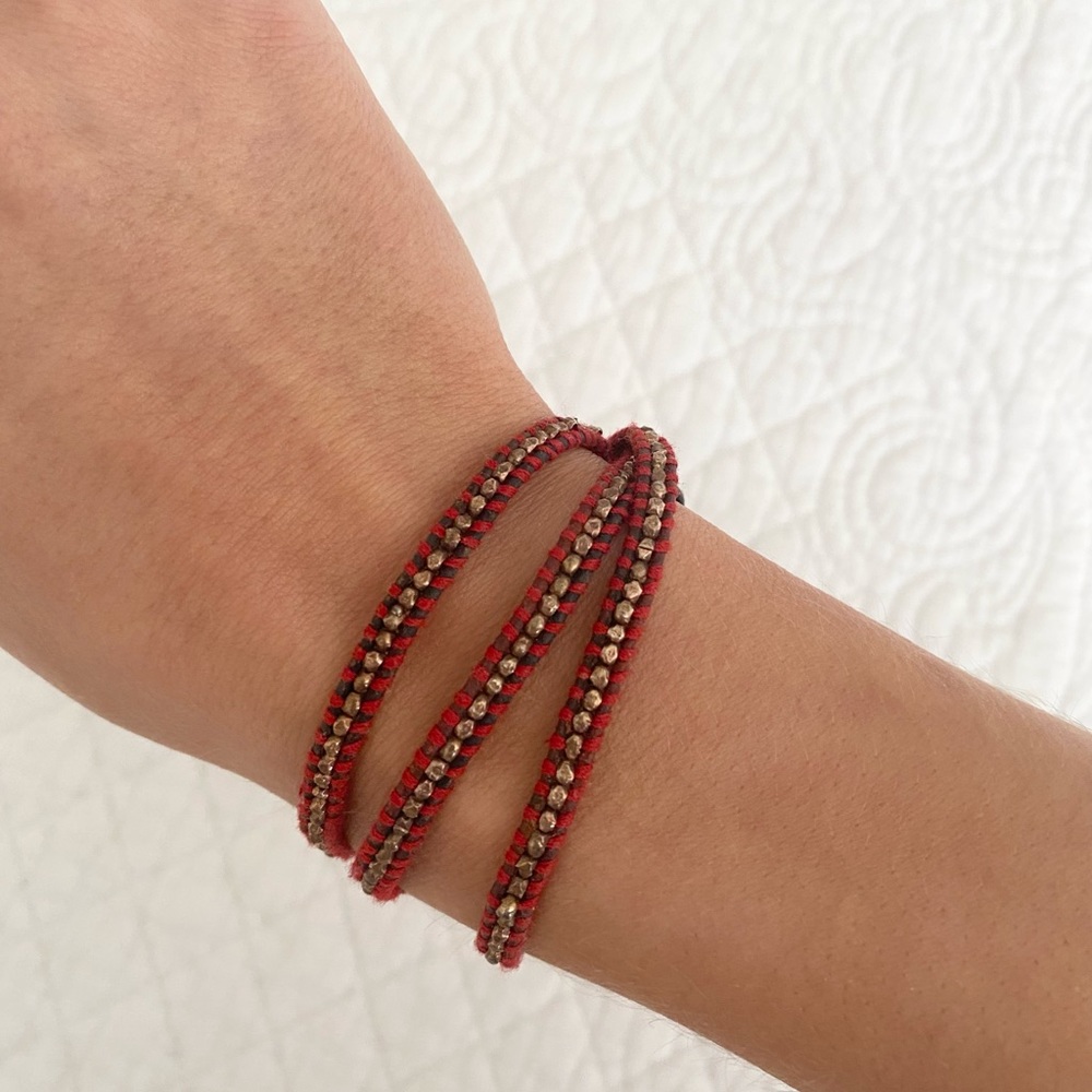 CHAN LUU 3-Wrap Leather Bracelet with Red Stitching and Gold Beads